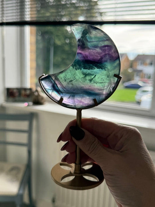 Imperfect Fluorite Moon On Gold Stand