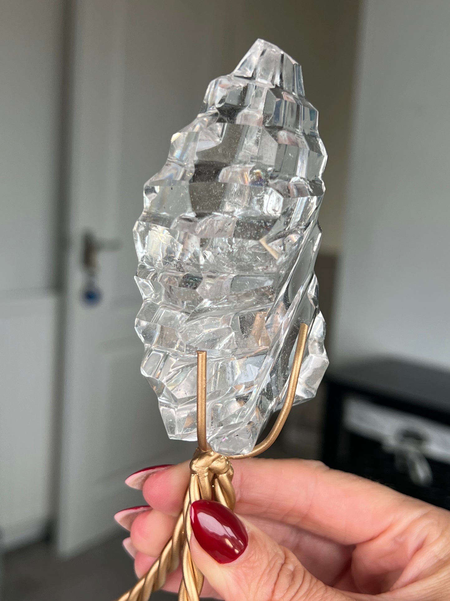 High Grade Brazilian Clear Quartz Sculpture On Gold Twisty Stand