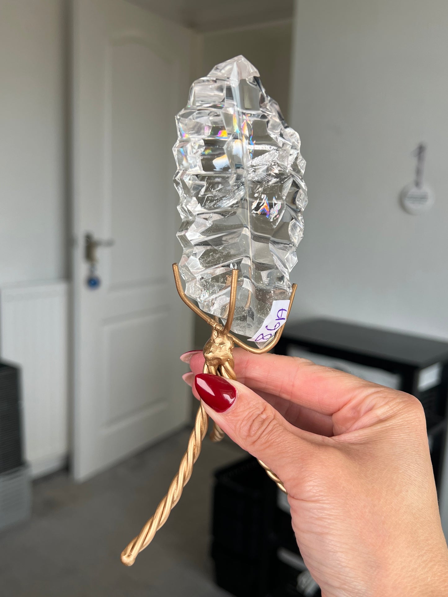 High Grade Brazilian Clear Quartz Sculpture On Gold Twisty Stand