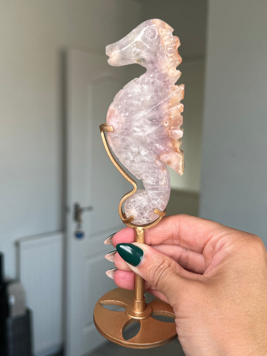 Flower Agate Seahorse On Gold Stand