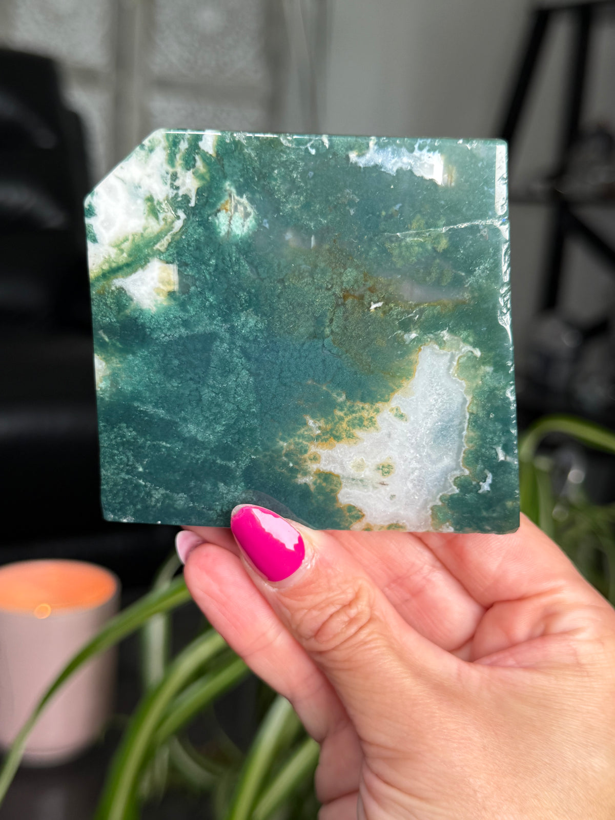 Moss Agate Slice With Stand