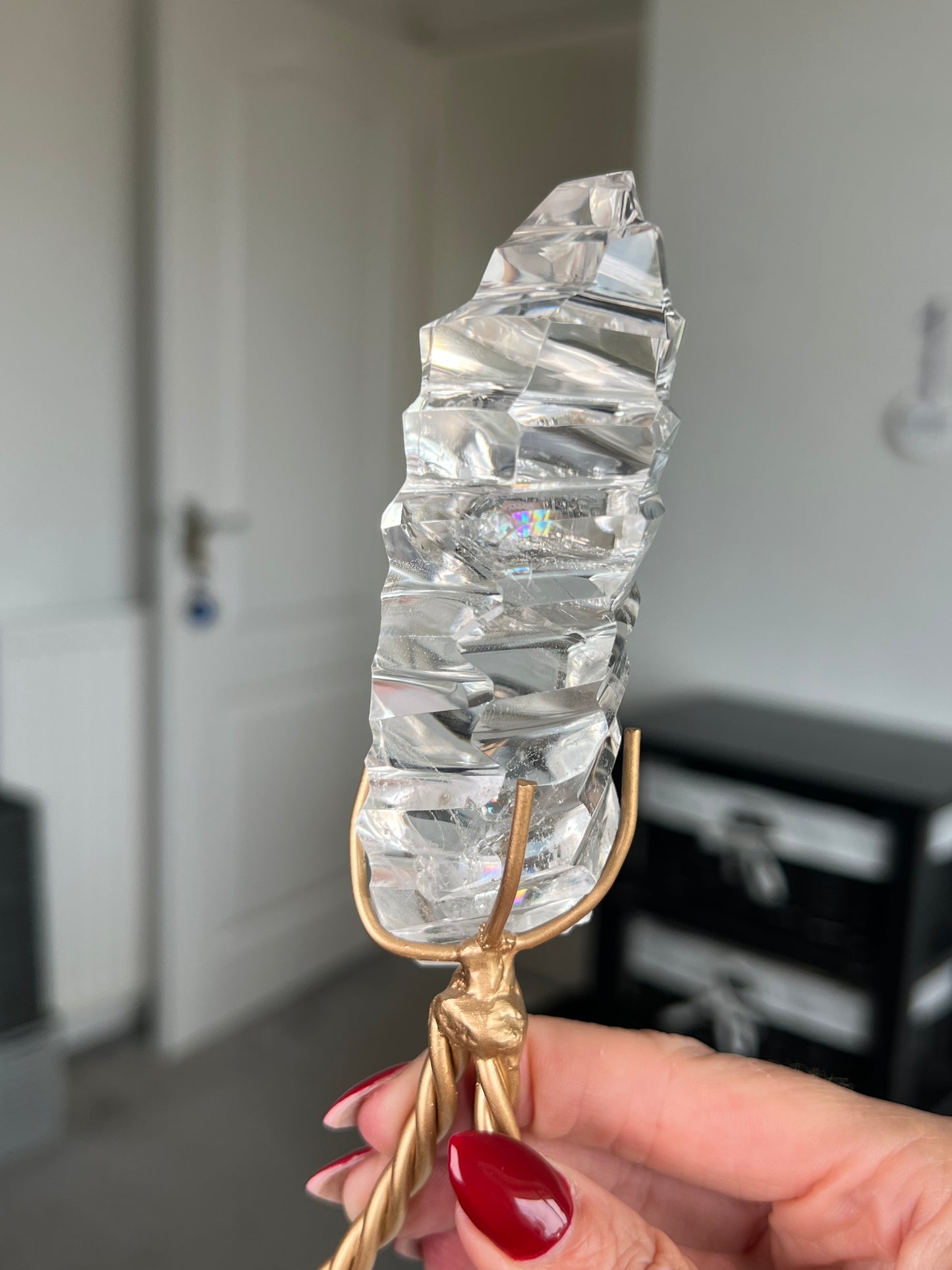 High Grade Brazilian Clear Quartz Sculpture On Gold Twisty Stand