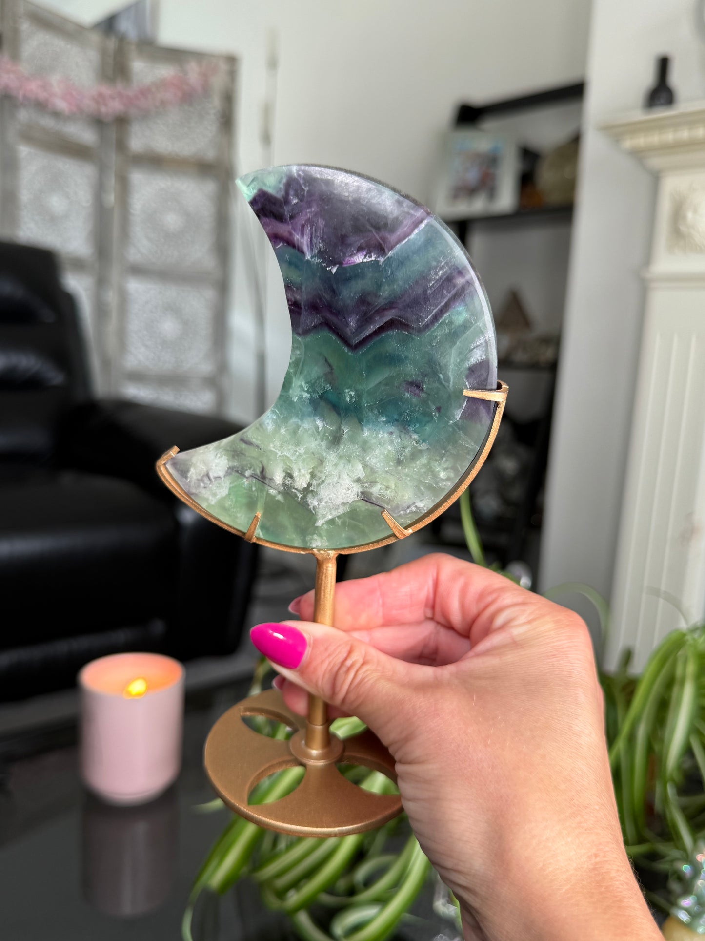 Purple & Green Fluorite Moon On Stand