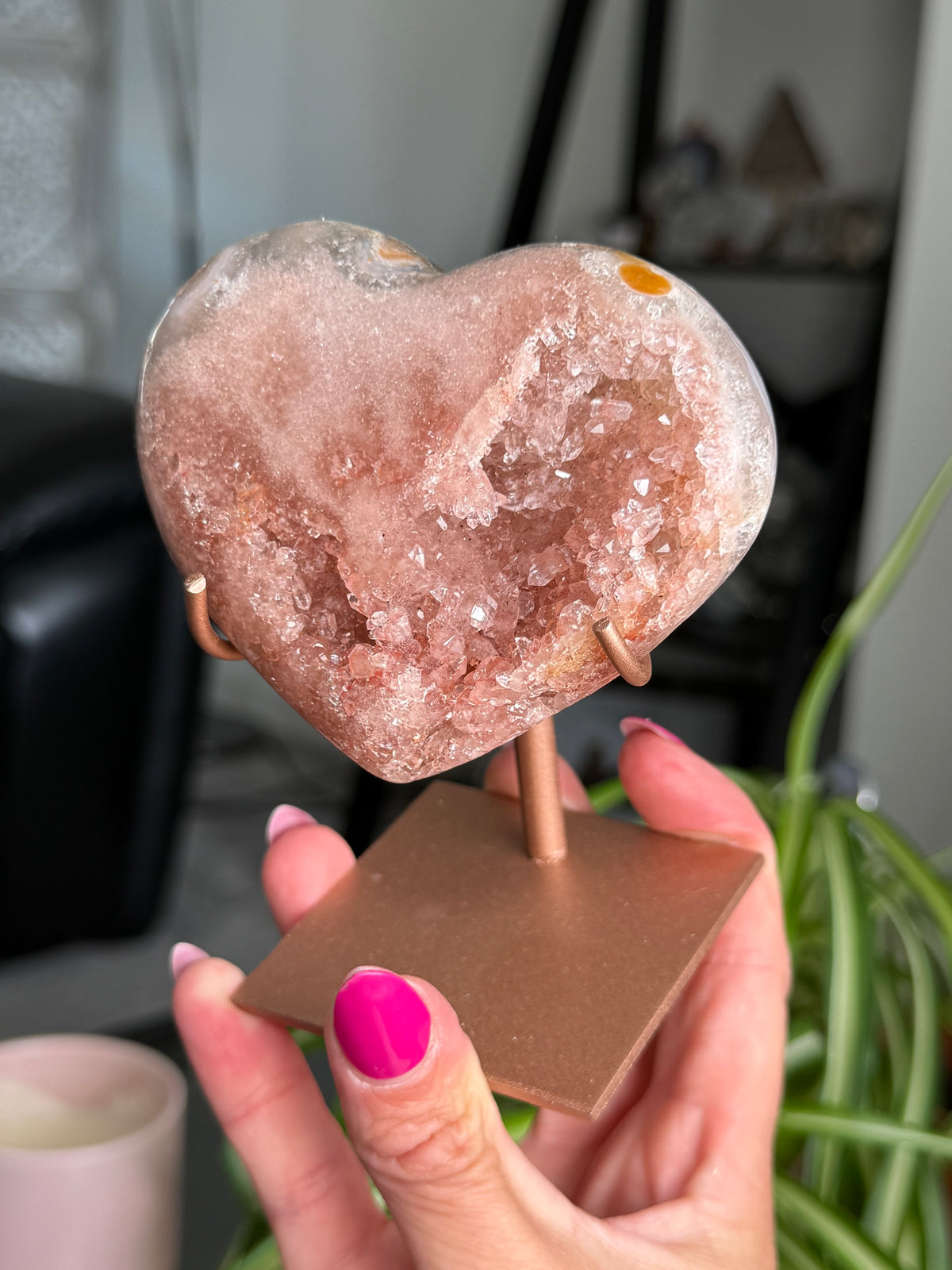 Pink Amethyst Heart On Stand