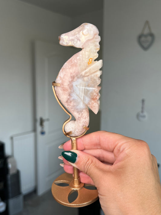Flower Agate Seahorse On Gold Stand