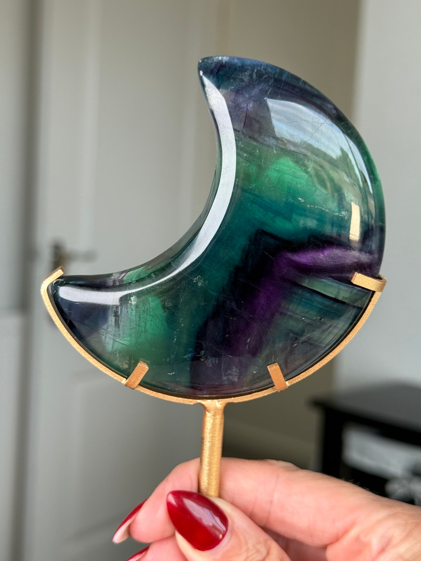 Fluorite Moon On Gold Stand