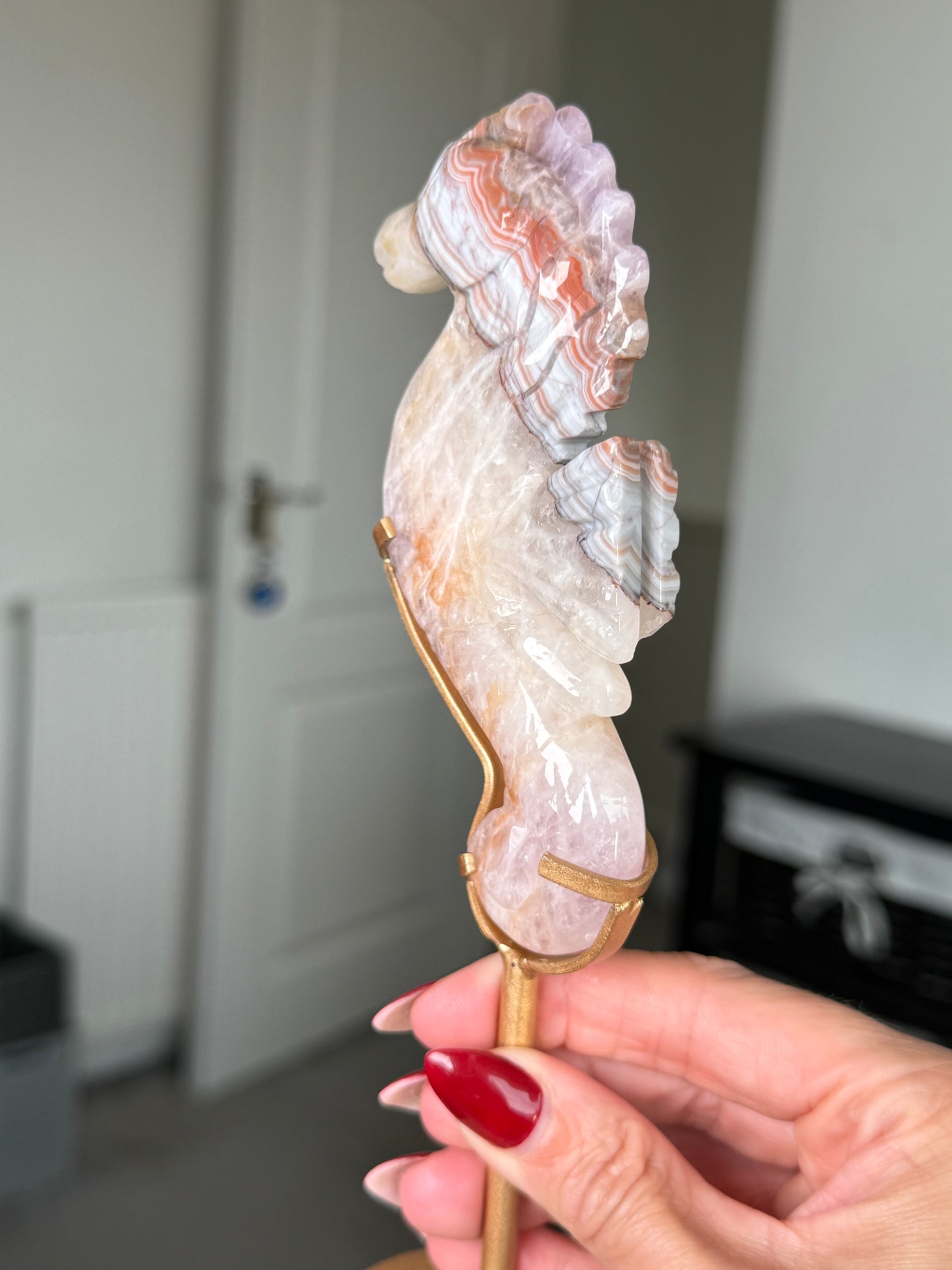 Amethyst Crazy Lace Agate Seahorse On Gold Stand