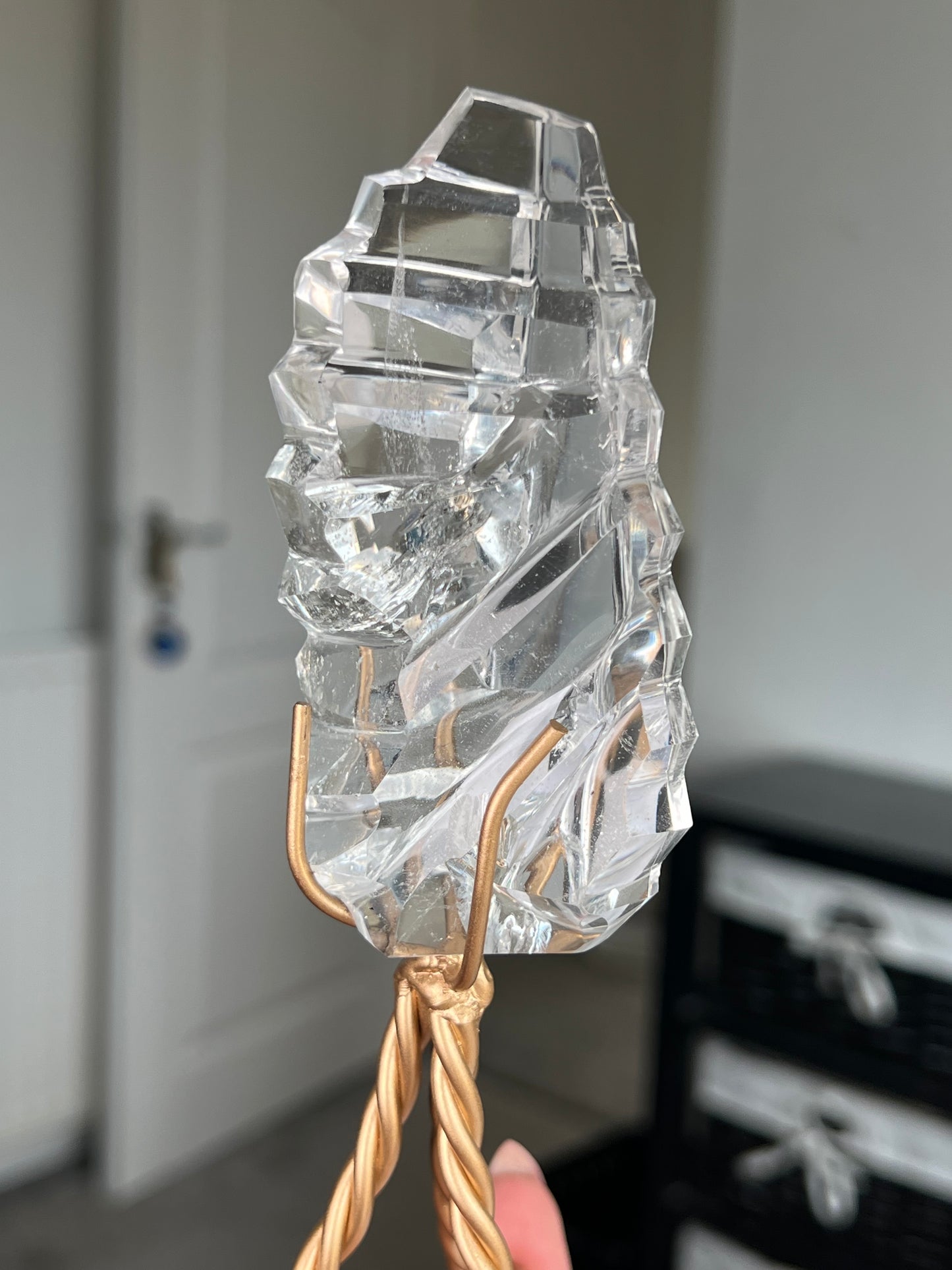 High Grade Brazilian Clear Quartz Sculpture On Gold Twisty Stand