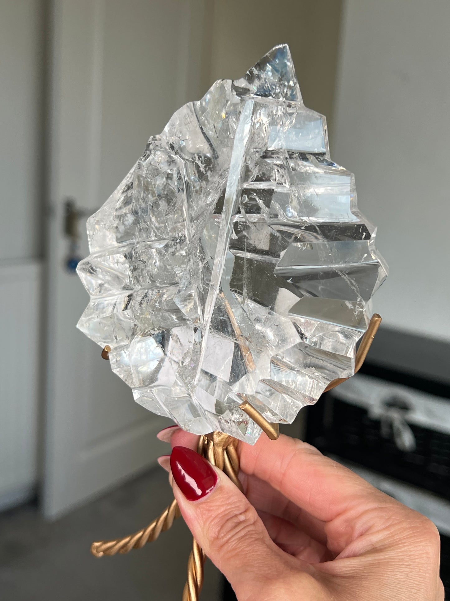 High Grade Brazilian Clear Quartz Sculpture On Gold Twisty Stand