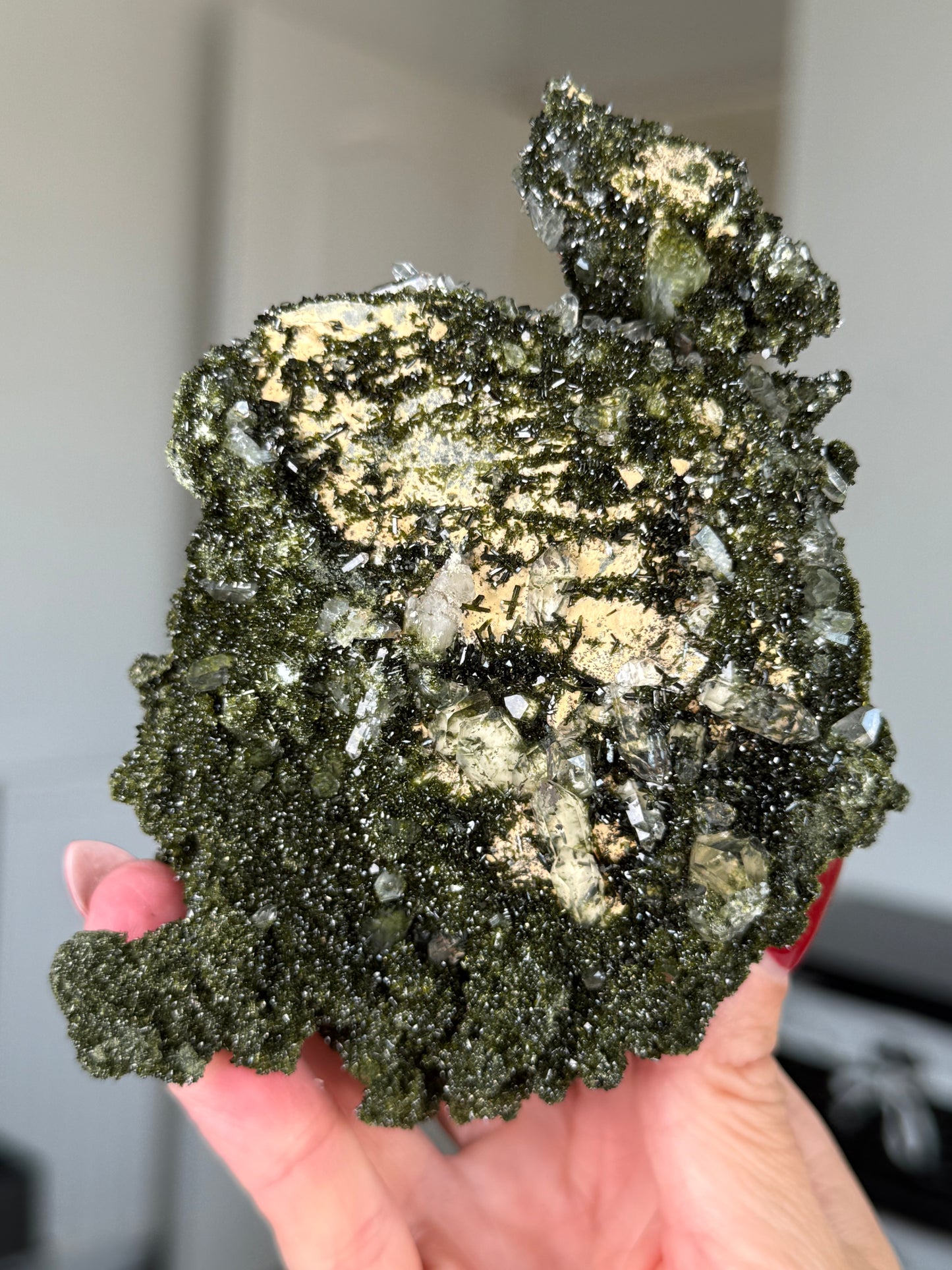Large Epidote With Quartz Specimen With Stand