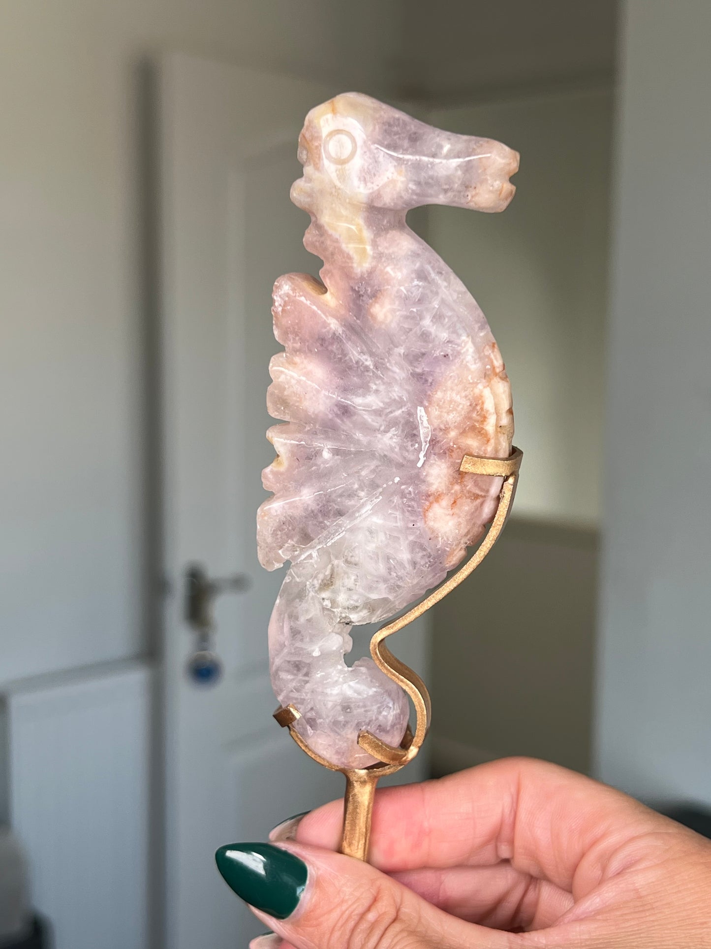 Flower Agate Seahorse On Gold Stand