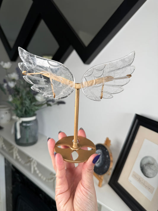 Clear Quartz Wings On Gold Stand