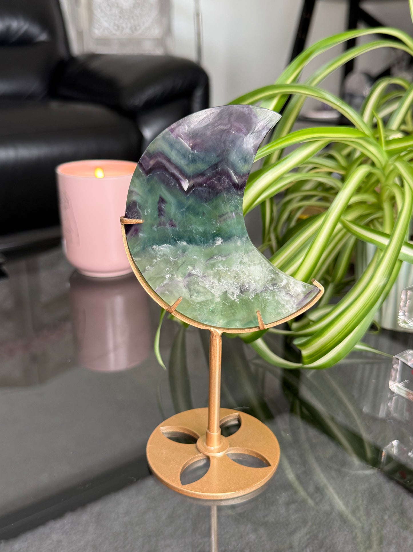 Purple & Green Fluorite Moon On Stand