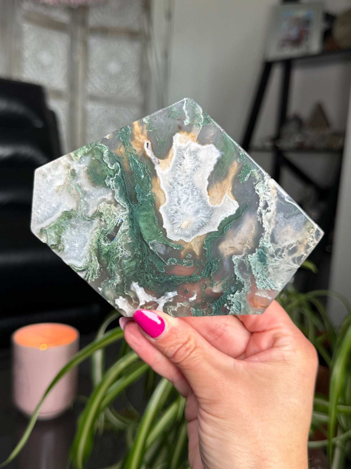 Moss Agate Slice With Stand