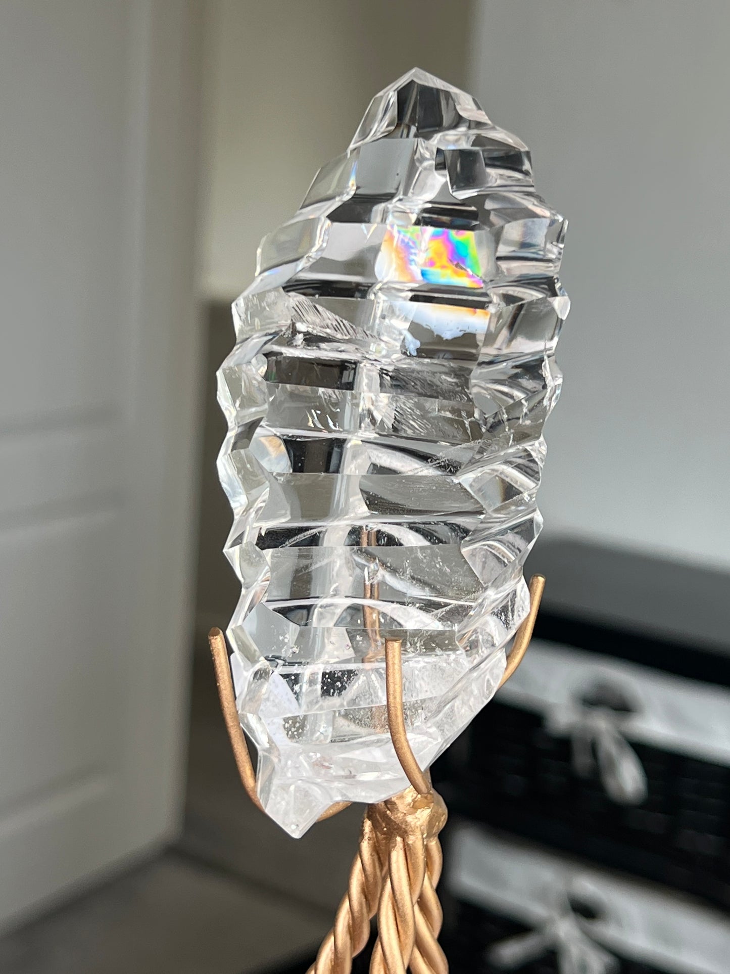High Grade Brazilian Clear Quartz Sculpture On Gold Twisty Stand