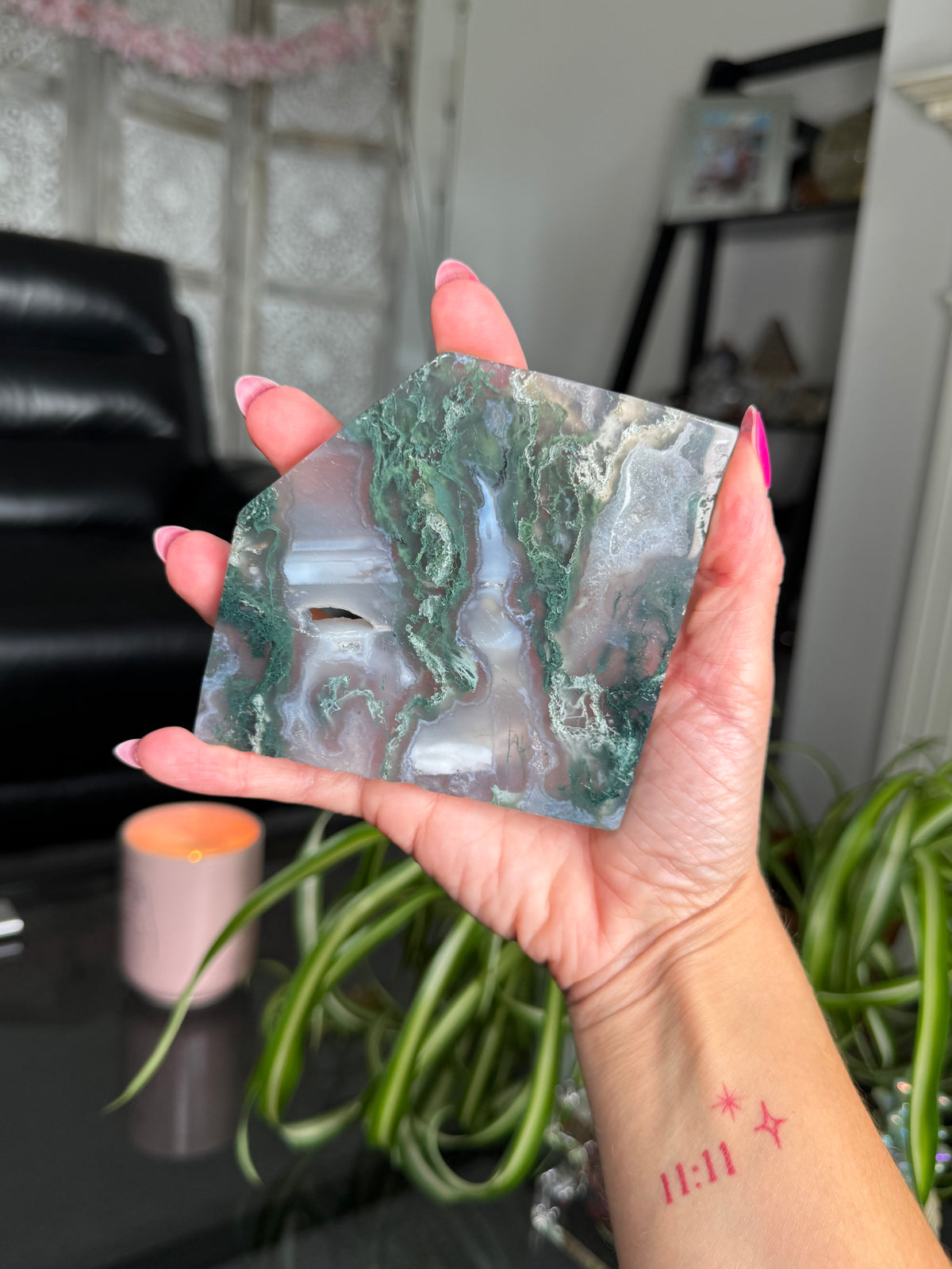 Moss Agate Slice With Stand