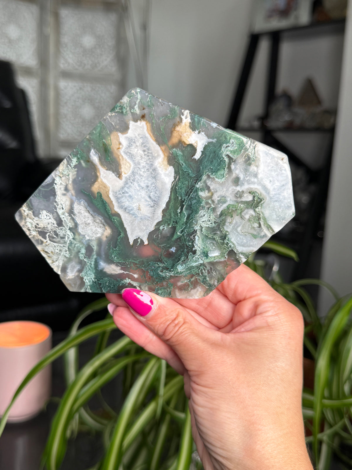 Moss Agate Slice With Stand