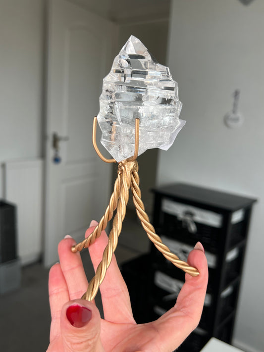 High Grade Brazilian Clear Quartz Sculpture On Gold Twisty Stand