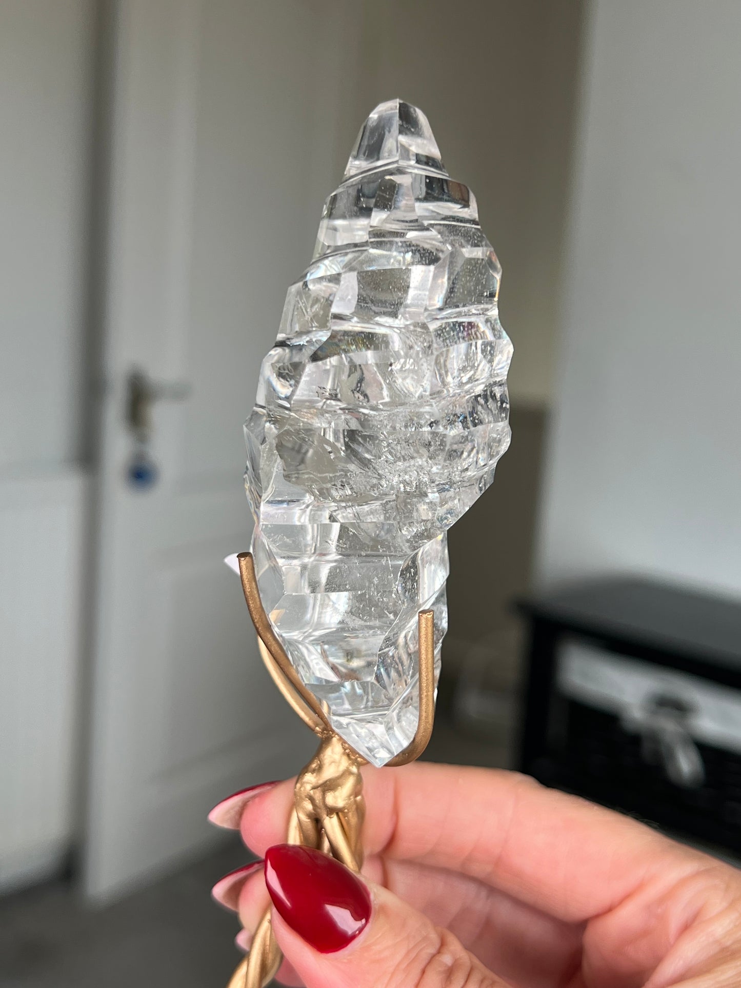 High Grade Brazilian Clear Quartz Sculpture On Gold Twisty Stand