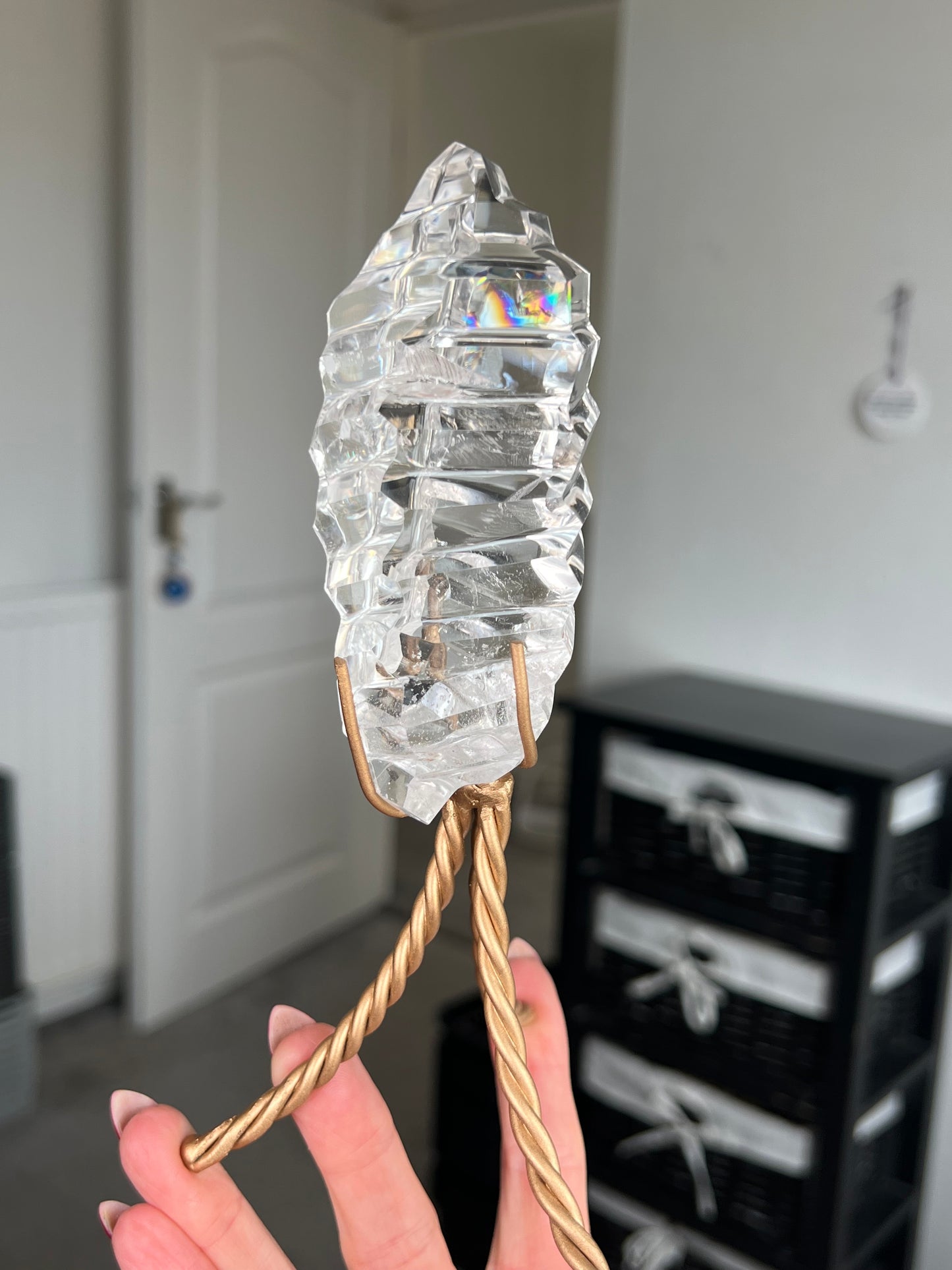 High Grade Brazilian Clear Quartz Sculpture On Gold Twisty Stand