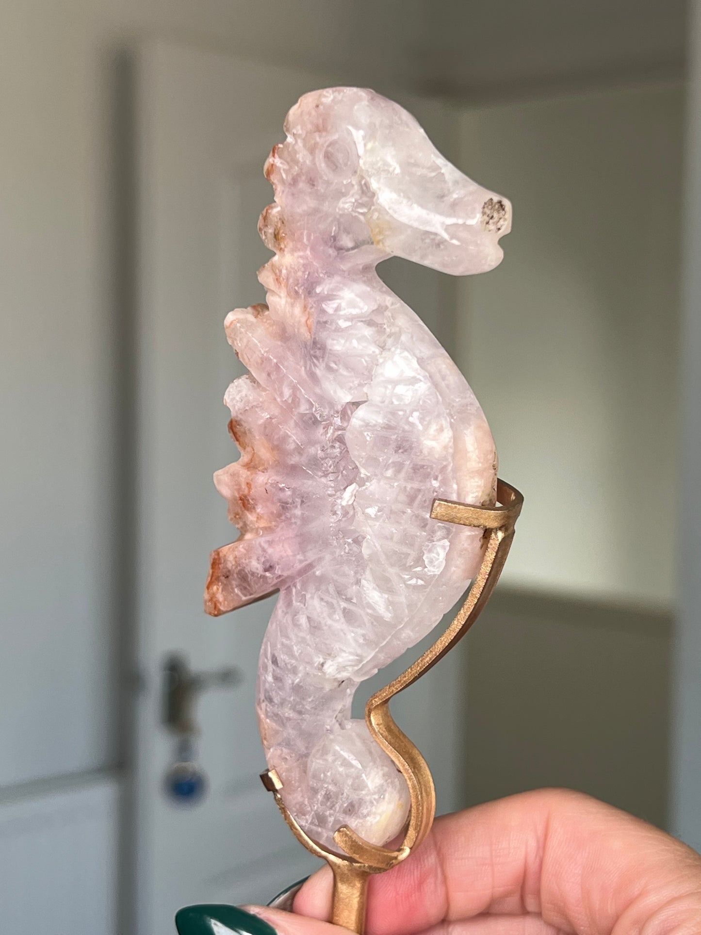 Flower Agate Seahorse On Gold Stand