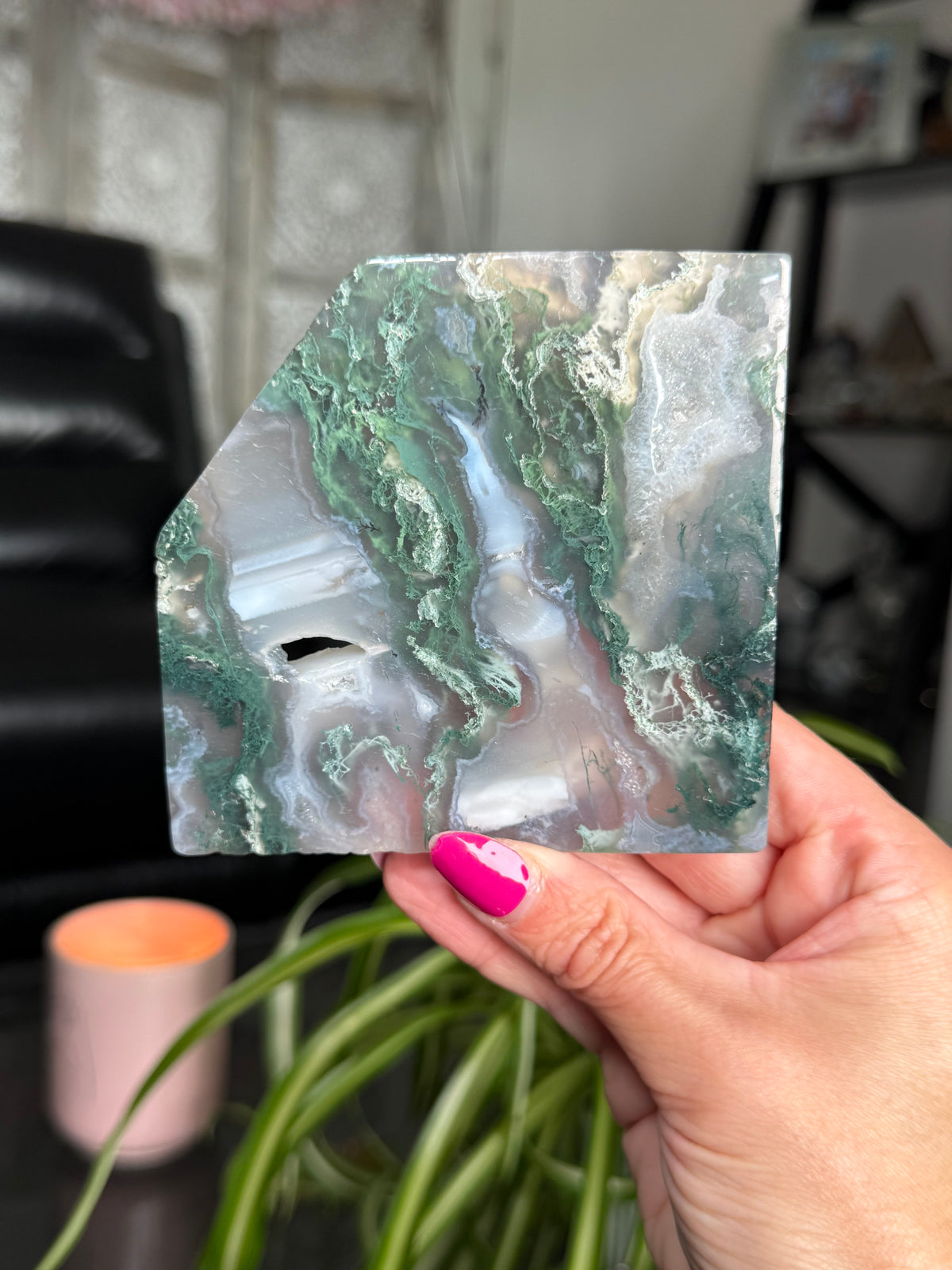Moss Agate Slice With Stand