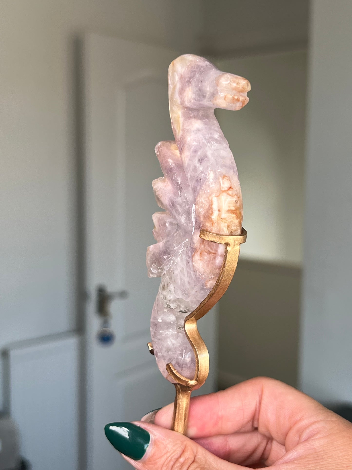 Flower Agate Seahorse On Gold Stand