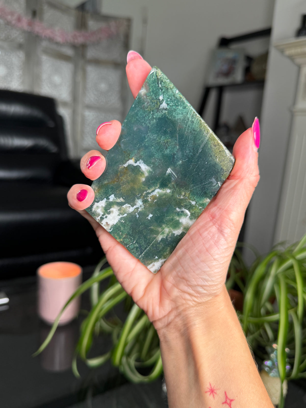 Moss Agate Slice With Stand
