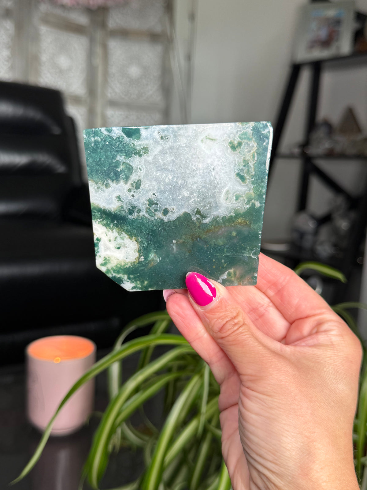 Moss Agate Slice With Stand
