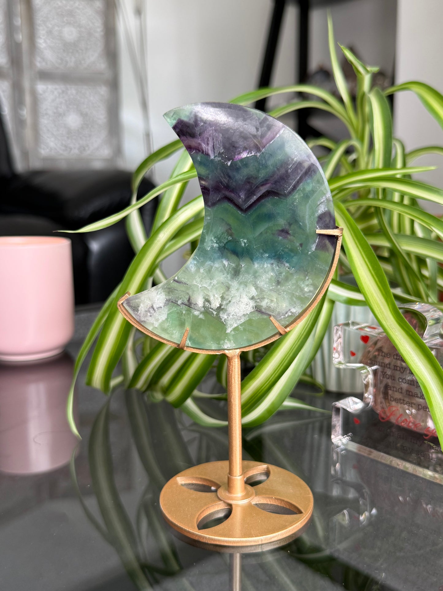 Purple & Green Fluorite Moon On Stand
