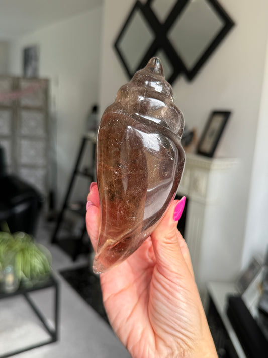 Master Carved Smokey Quartz Shell WITH RUTILE