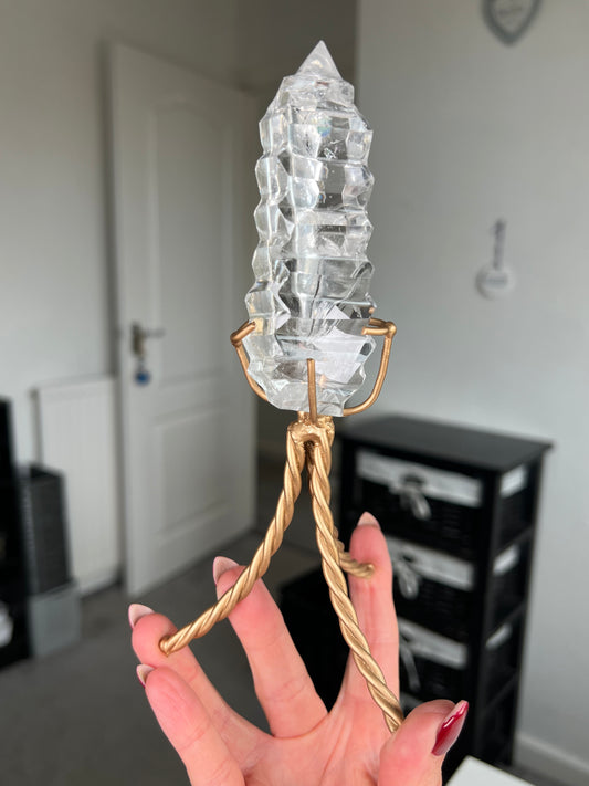 High Grade Brazilian Clear Quartz Sculpture On Gold Twisty Stand