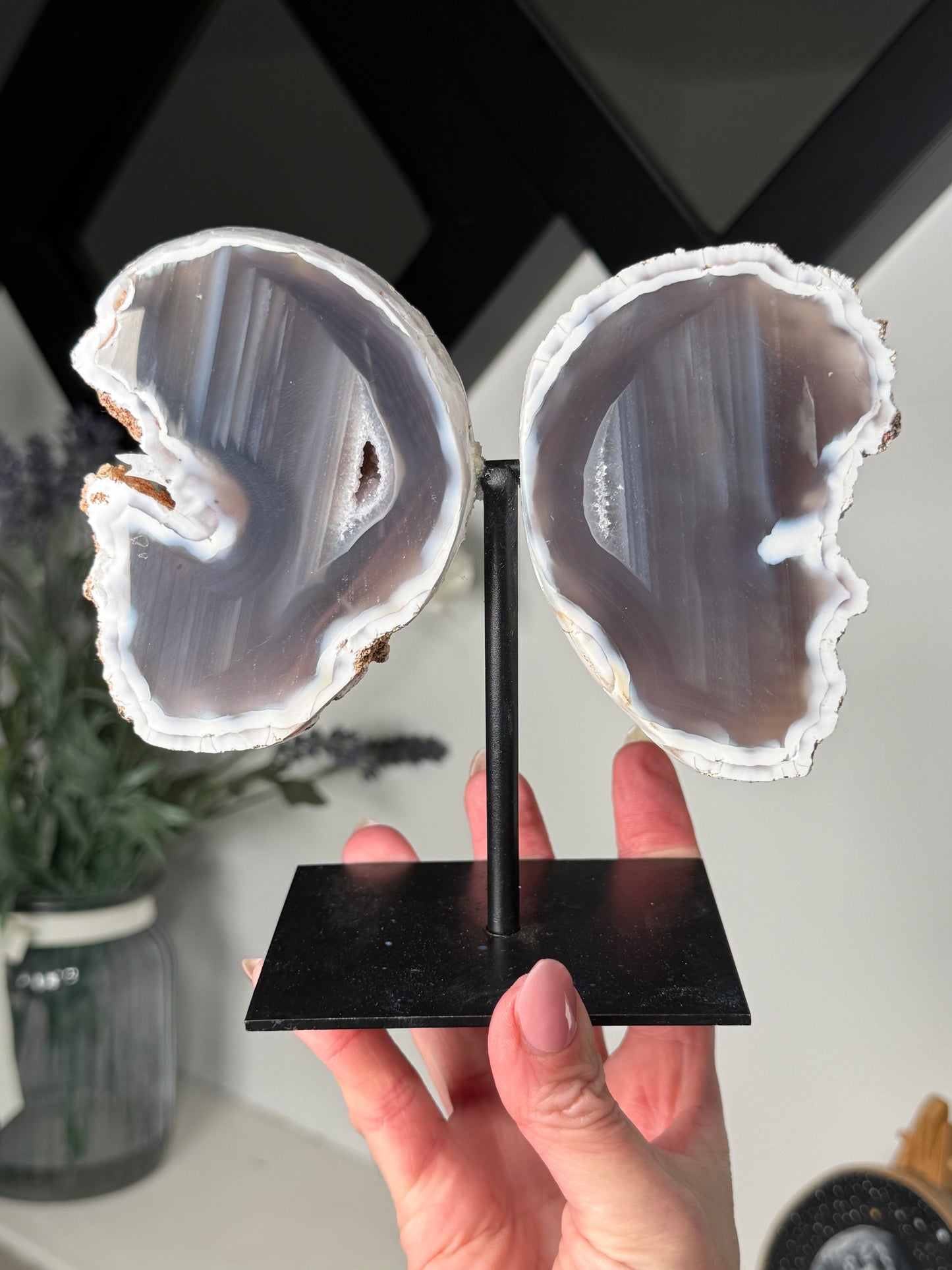 Agate Geode Wings On Black Stand