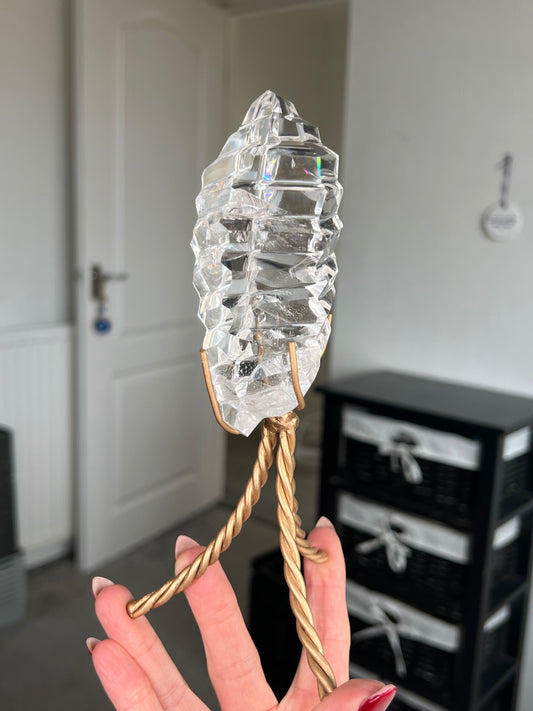 High Grade Brazilian Clear Quartz Sculpture On Gold Twisty Stand