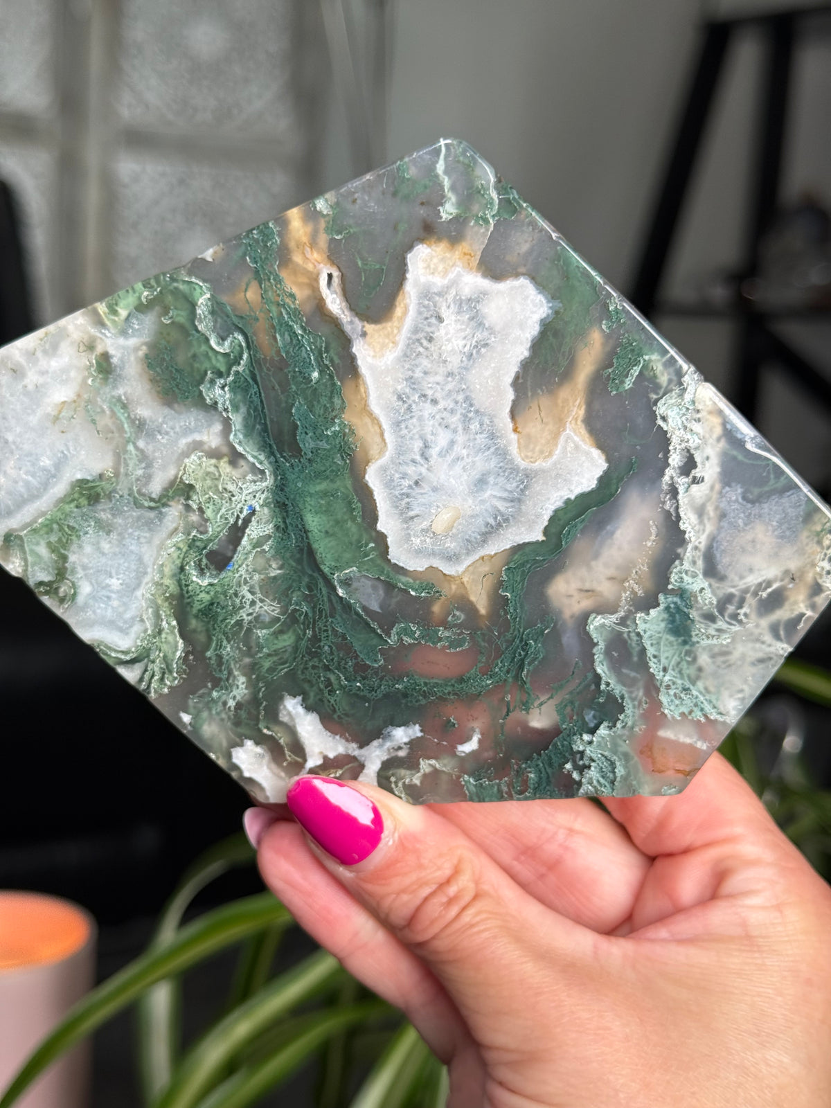 Moss Agate Slice With Stand