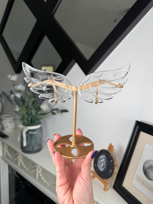 Clear Quartz Wings On Gold Stand