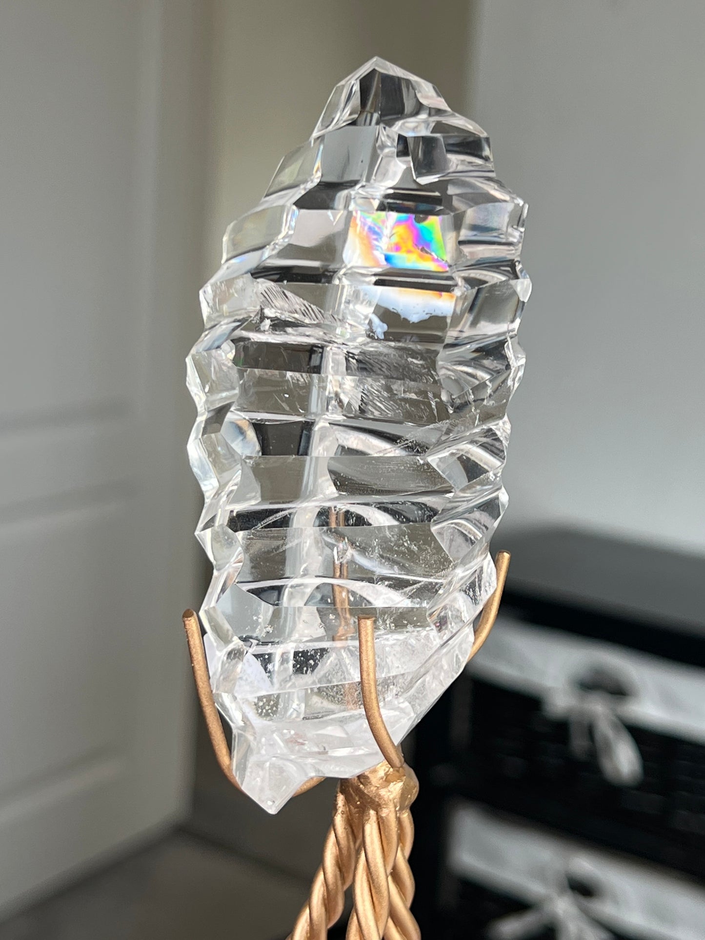High Grade Brazilian Clear Quartz Sculpture On Gold Twisty Stand
