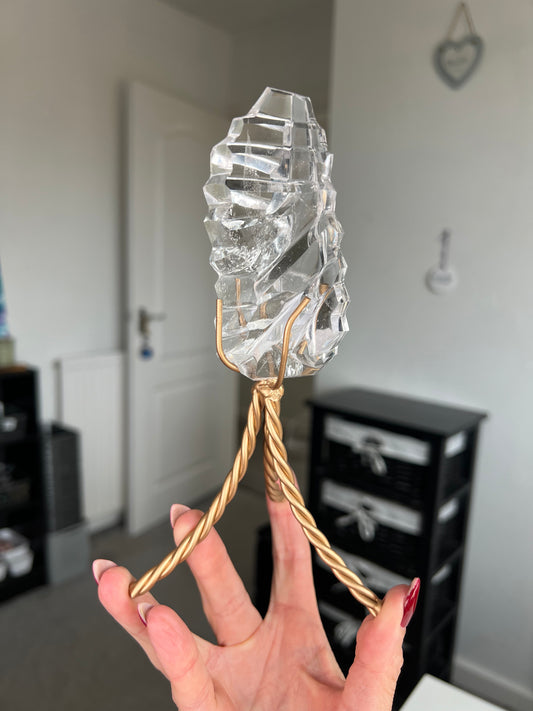 High Grade Brazilian Clear Quartz Sculpture On Gold Twisty Stand