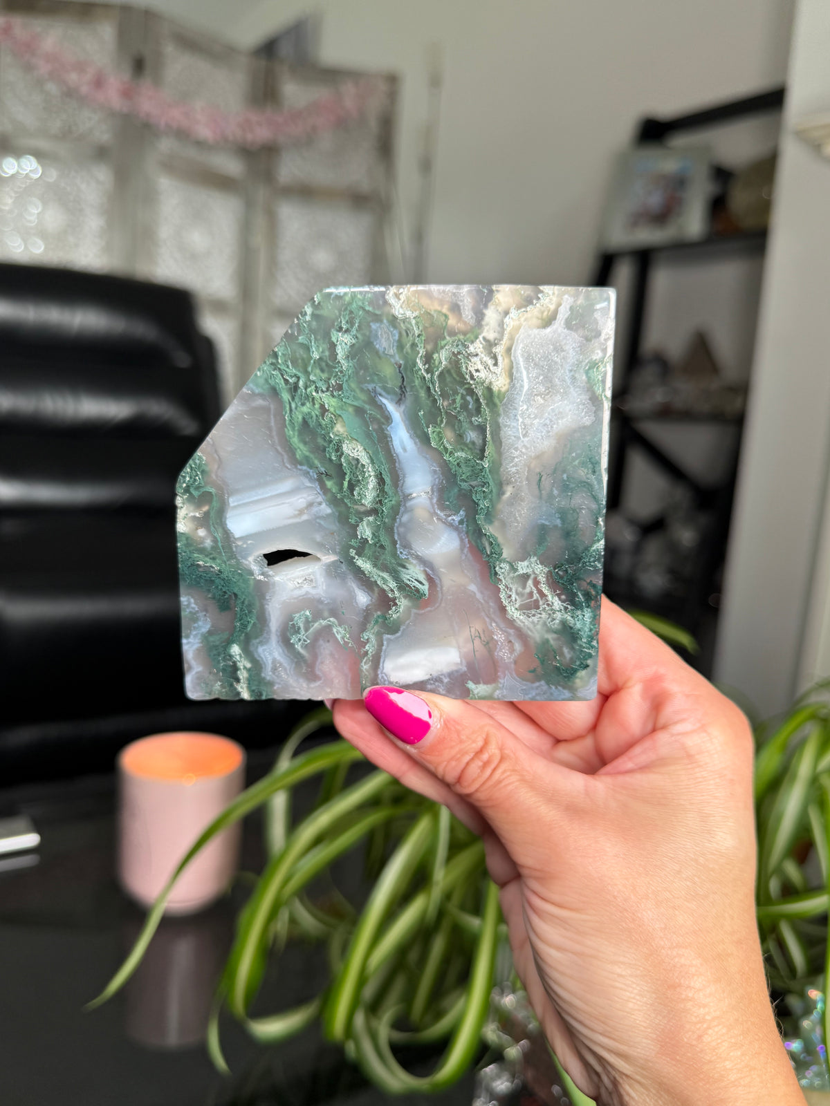 Moss Agate Slice With Stand