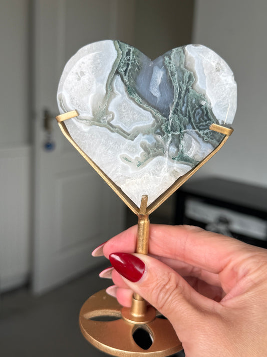 Moss Agate Heart On Gold Stand