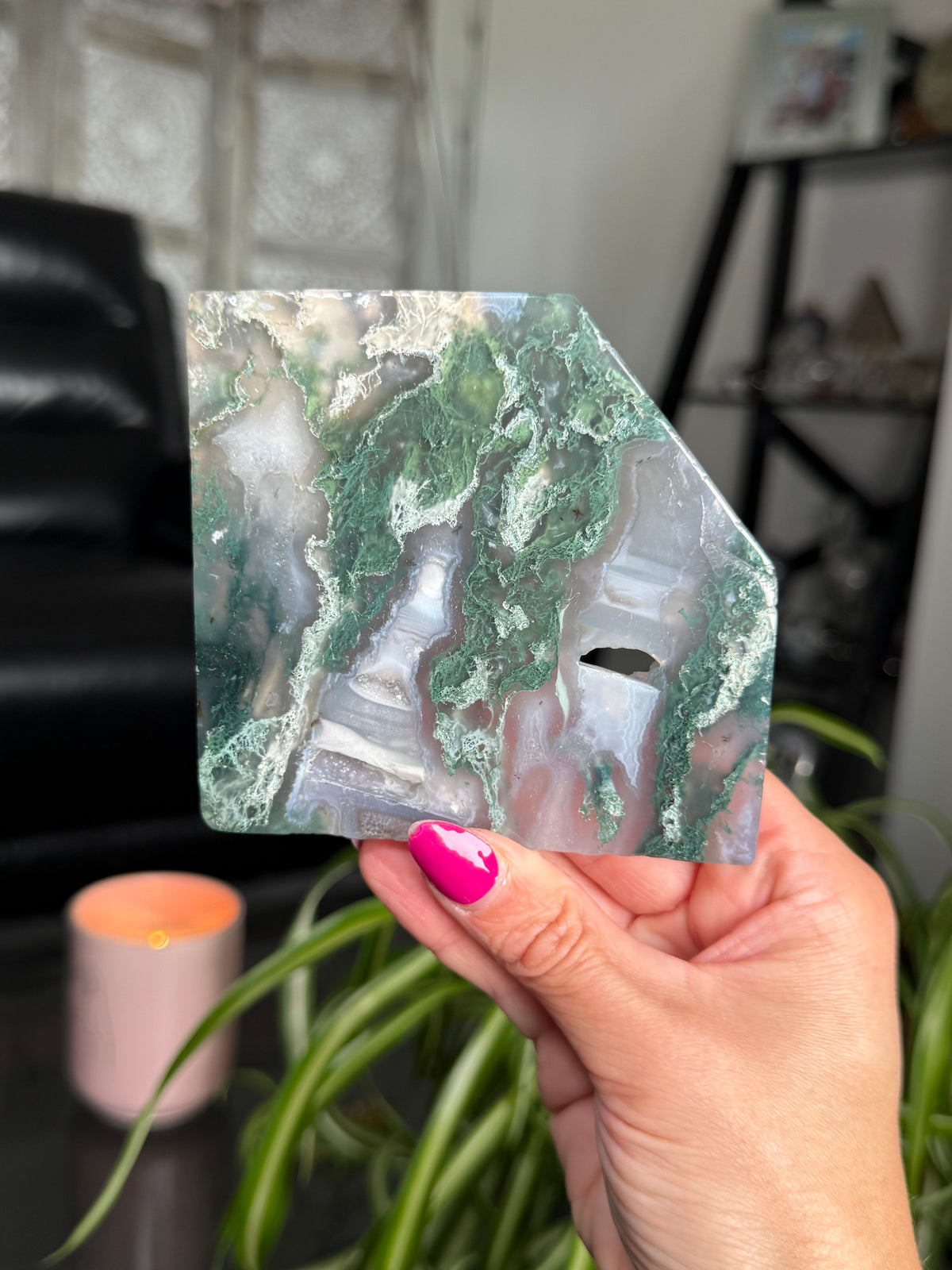 Moss Agate Slice With Stand