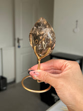 Load image into Gallery viewer, Brazilian Smokey Quartz Flame On Gold Stand
