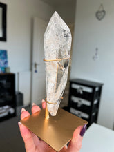 Load image into Gallery viewer, Polished Lemurian Point On Custom Gold Stand
