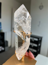 Load image into Gallery viewer, Polished Lemurian Point On Custom Gold Stand
