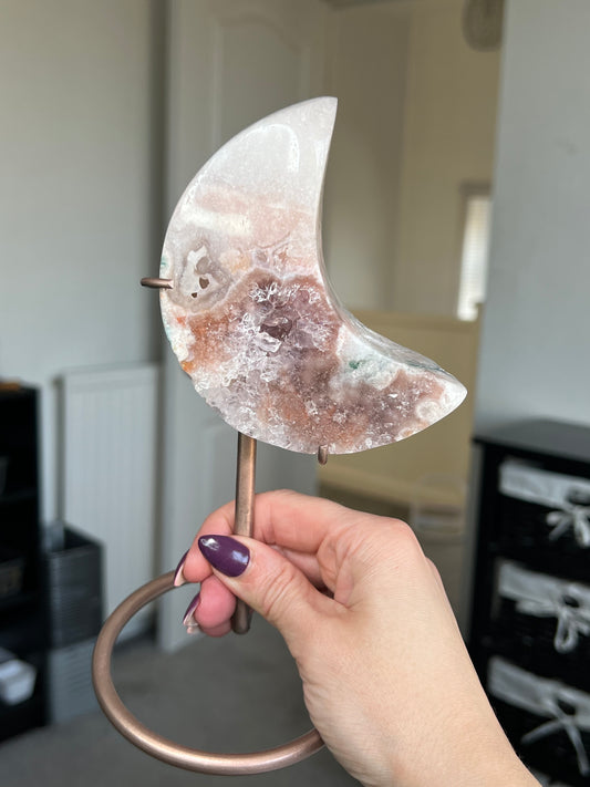 Pink Amethyst Moon On Custom Rose Gold Stand