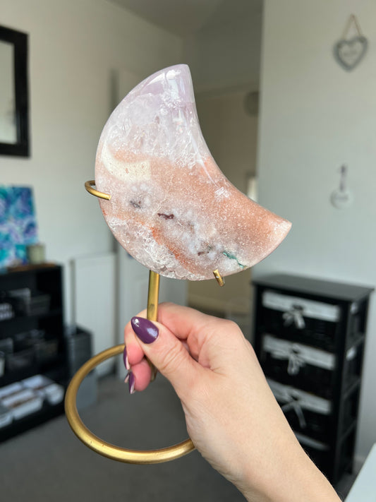 Pink Amethyst Moon On Custom Gold Stand